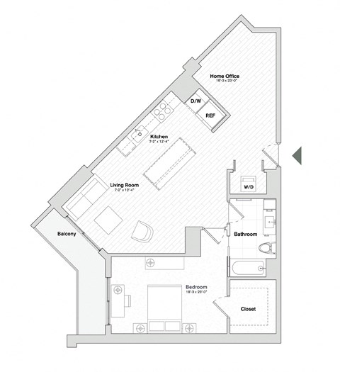 Floor plan for 1 bed, 1 bath, 970 sqft